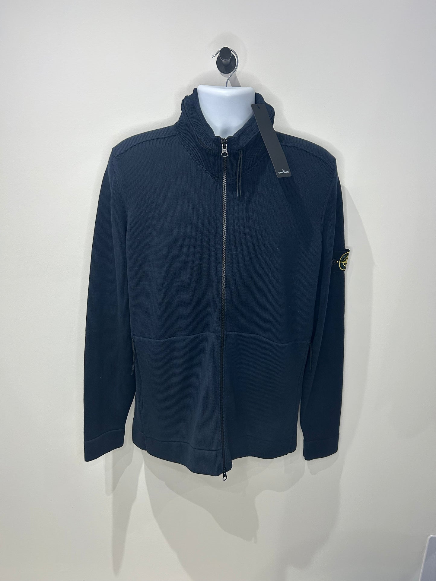 Stone Island 2022 Navy Knit Zipped Nylon Hood Jumper - Medium