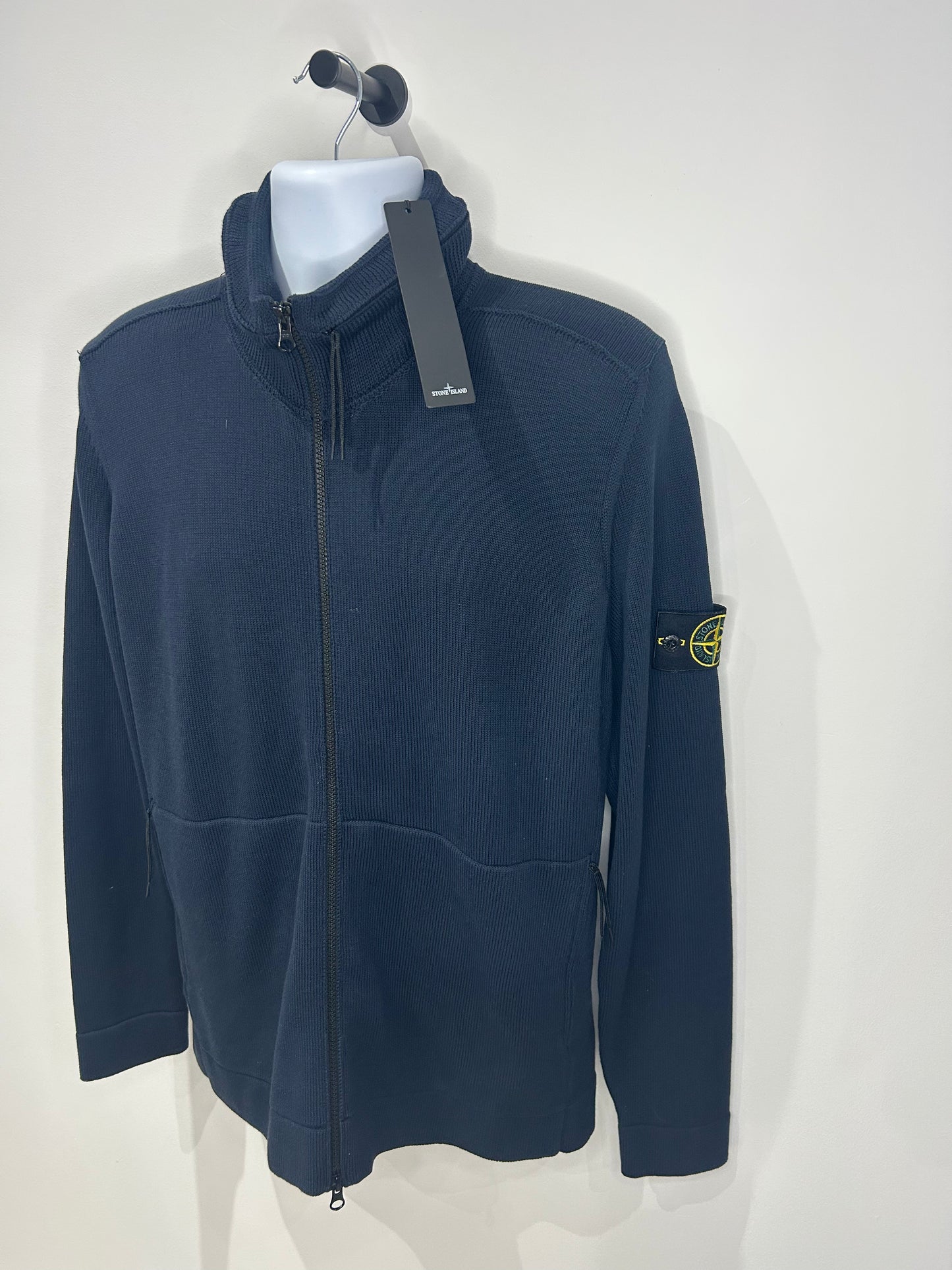 Stone Island 2022 Navy Knit Zipped Nylon Hood Jumper - Medium
