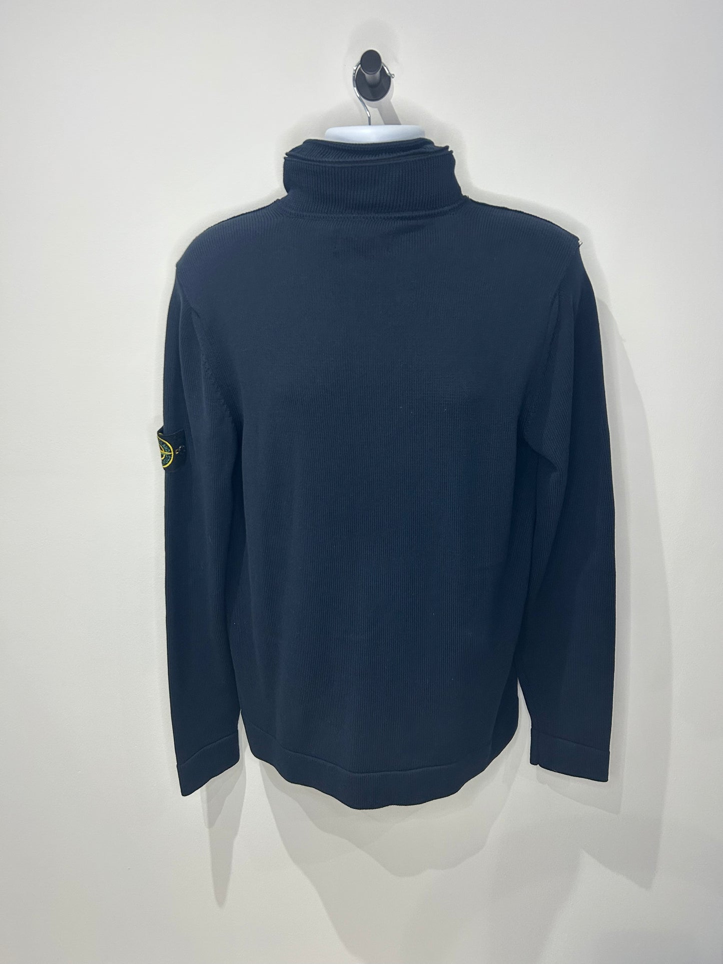 Stone Island 2022 Navy Knit Zipped Nylon Hood Jumper - Medium