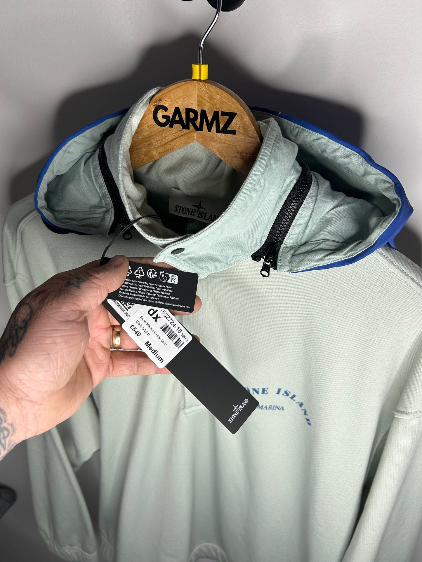 Stone Island Sky Blue Marina Spellout Reflective Hood Jumper - Medium