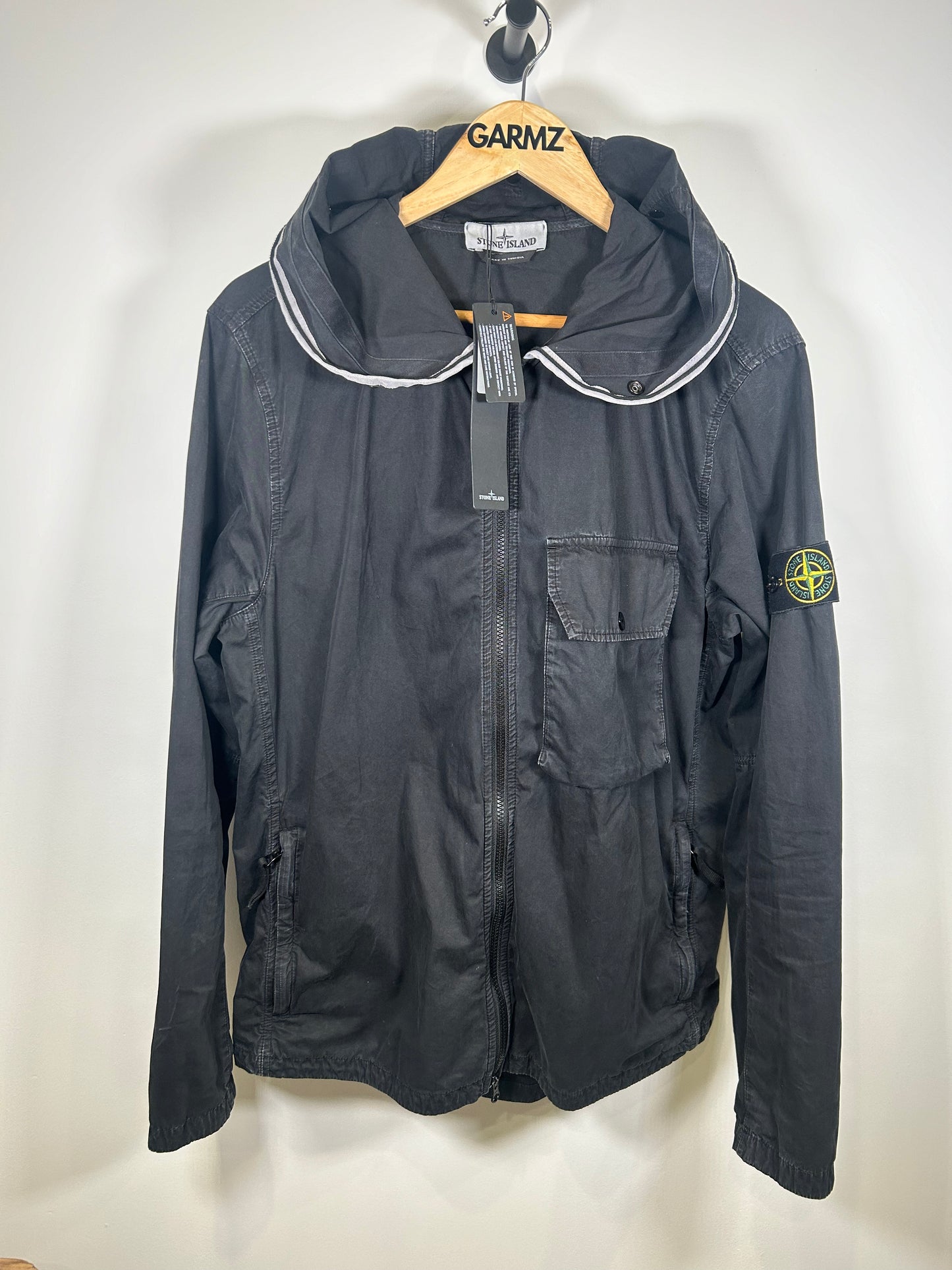 Stone Island 2021 Black Brushed Cotton Hooded Jacket - Large